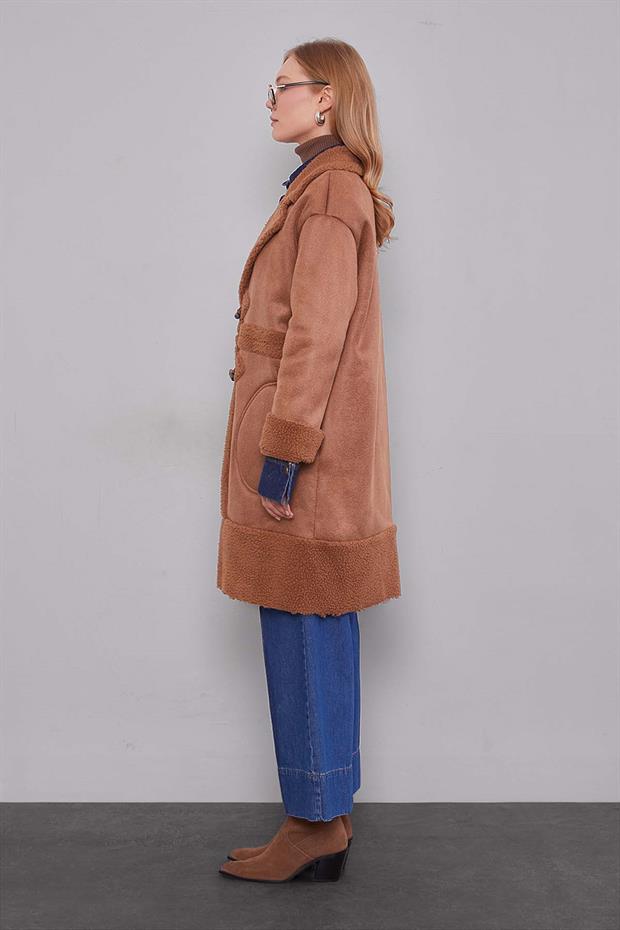 Taba Düğme Kapamalı Yün Astarlı Suni Deri Kaban