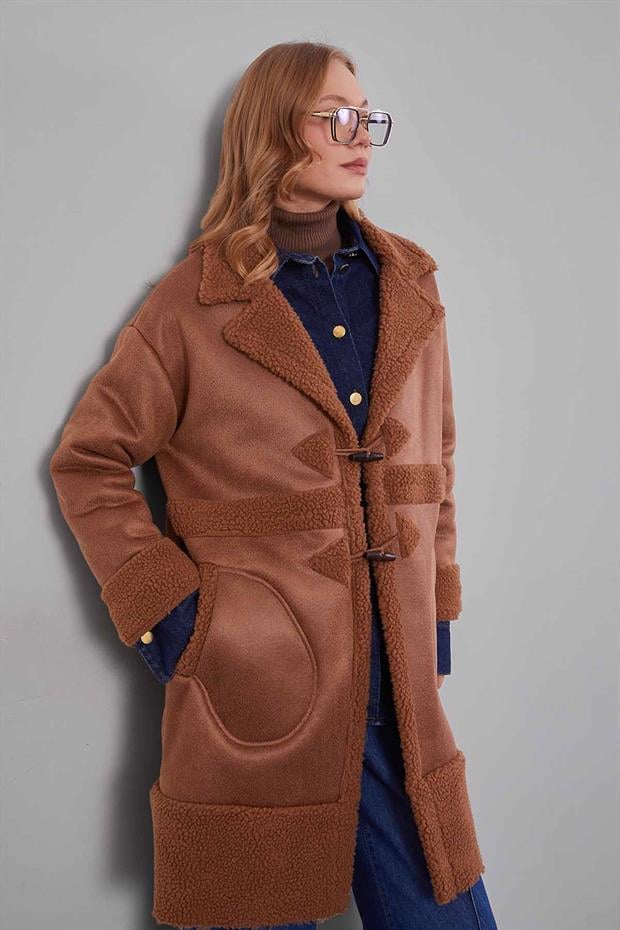 Taba Düğme Kapamalı Yün Astarlı Suni Deri Kaban