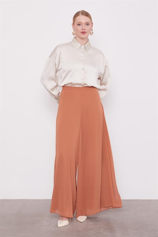Taba Geniş Paçalı Şifon Pantolon