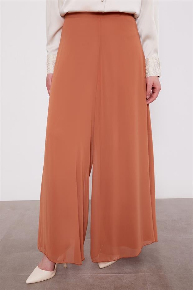 Taba Geniş Paçalı Şifon Pantolon