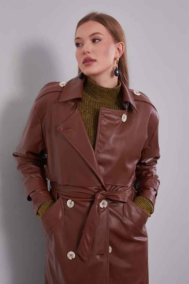 Taba Midi Boy Kuşaklı Deri Trençkot