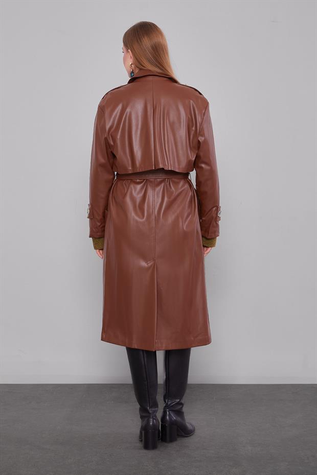 Taba Midi Boy Kuşaklı Deri Trençkot