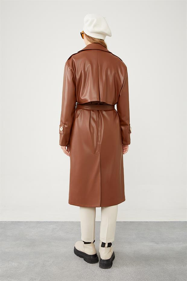 Taba Midi Boy Kuşaklı Deri Trençkot