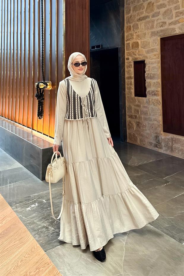 Taş Bağcık Detay Yelekli Elbise