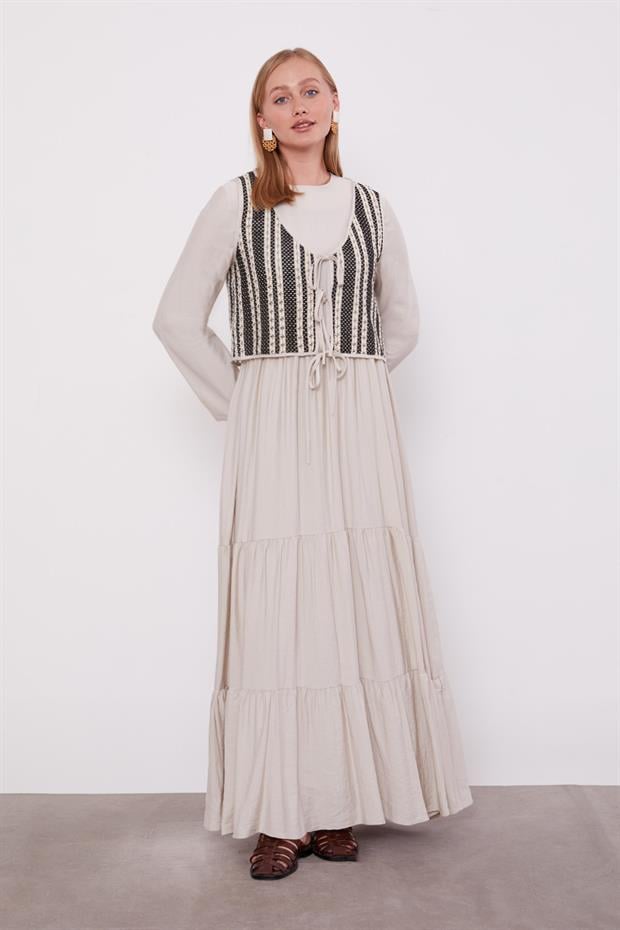 Taş Bağcık Detay Yelekli Elbise