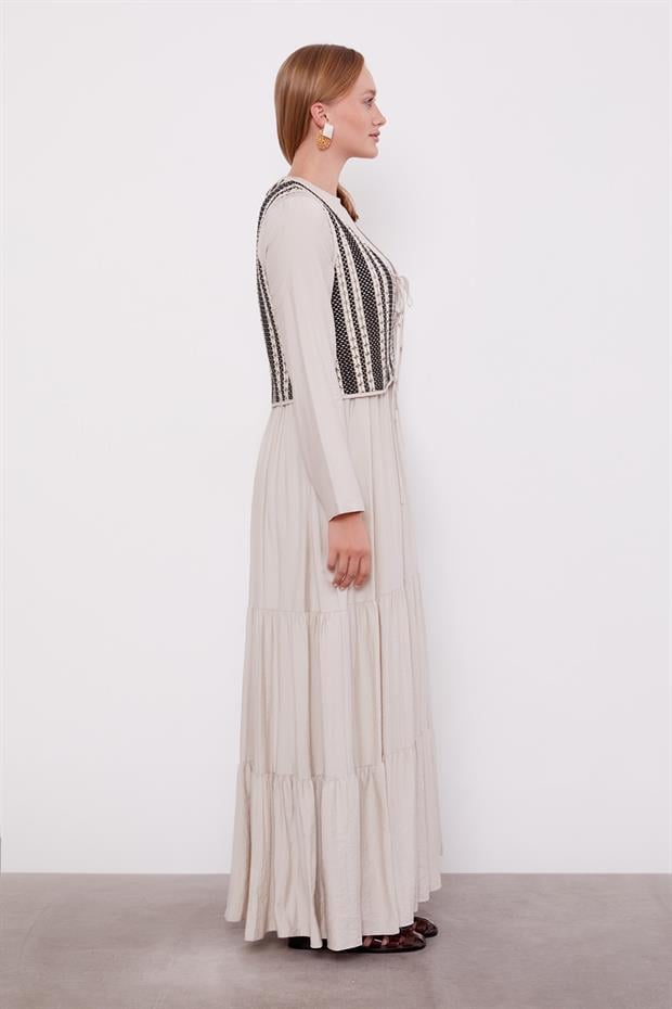 Taş Bağcık Detay Yelekli Elbise