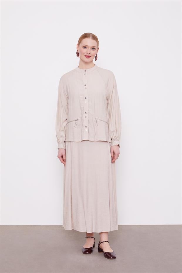 Taş Çift Düğme Detaylı Etekli Takım