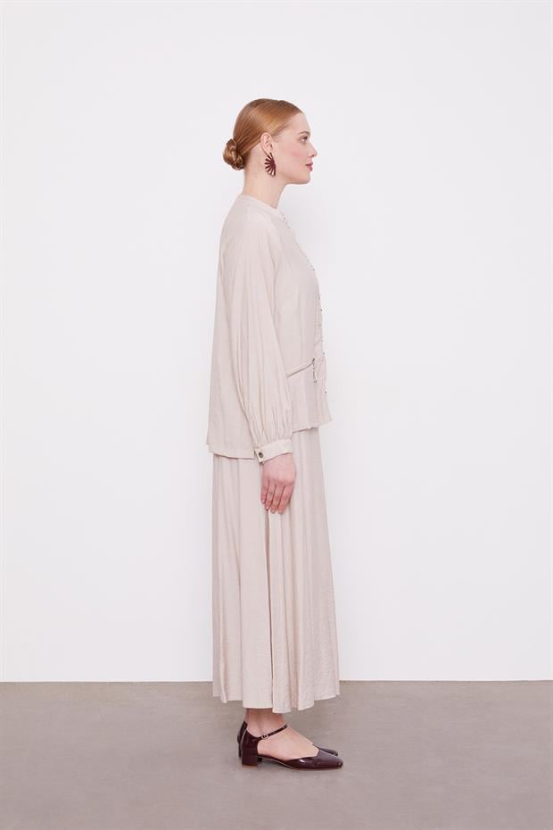 Taş Çift Düğme Detaylı Etekli Takım