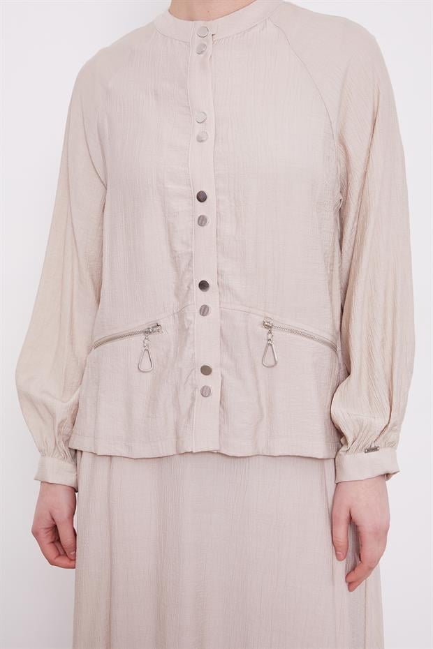 Taş Çift Düğme Detaylı Etekli Takım