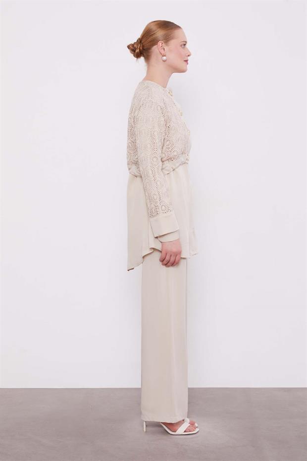 Taş Dantel Detaylı Üçlü Tunik Takım