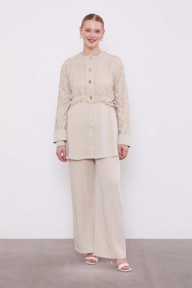 Taş Dantel Detaylı Üçlü Tunik Takım