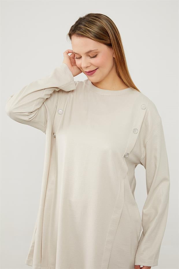 Taş Düğme Detaylı Bisiklet Yaka İkili Takım