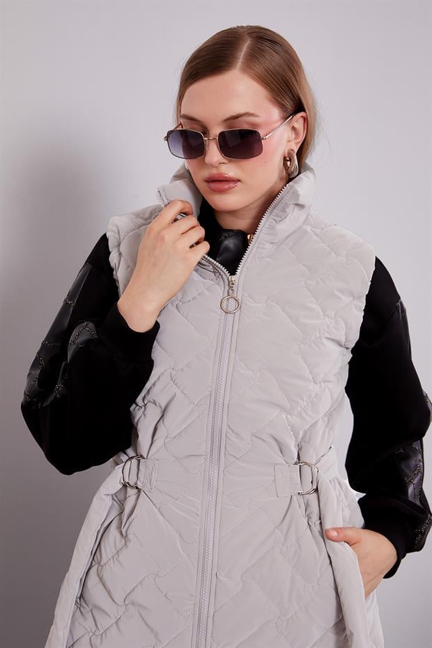 Taş Kapitone Desen Kemerli Yelek