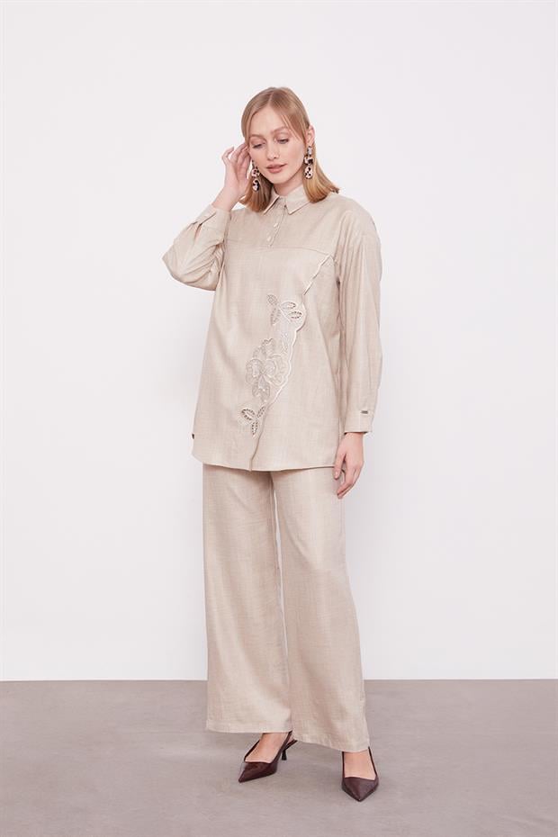 Taş Nakış Gül Detaylı Tunik Takım