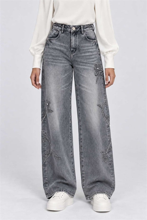 Taş Nakışlı Yüksek Bel Denim Pantolon Gri