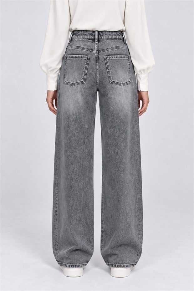 Taş Nakışlı Yüksek Bel Denim Pantolon Gri
