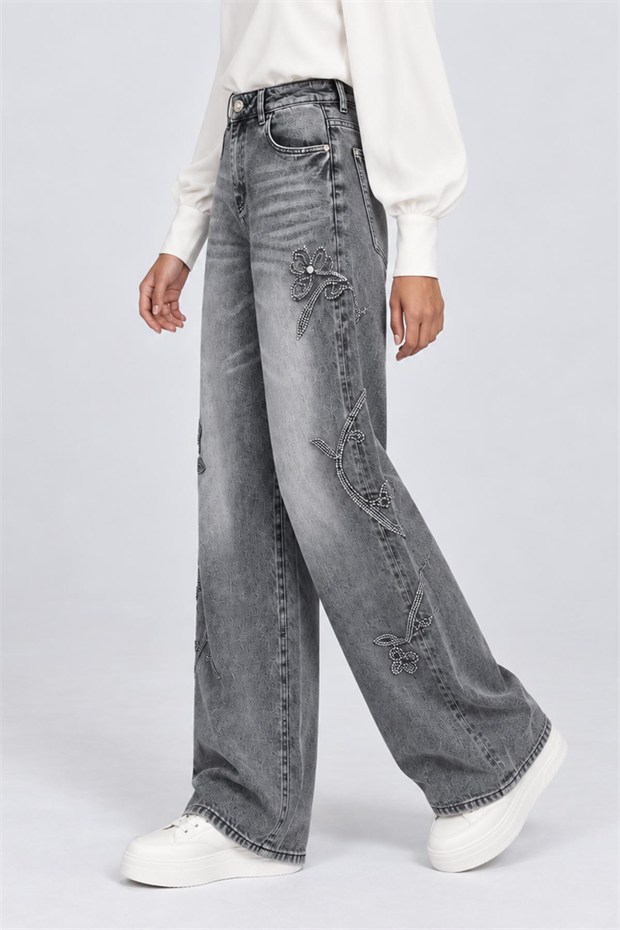 Taş Nakışlı Yüksek Bel Denim Pantolon Gri