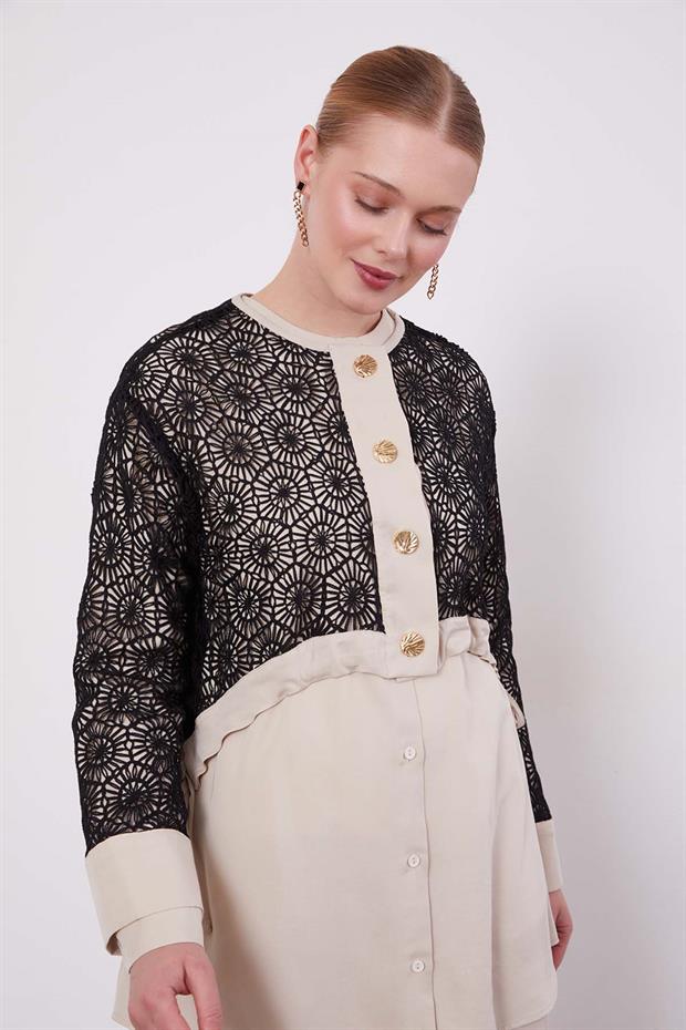 Taş - Siyah Dantel Detaylı Üçlü Tunik Takım