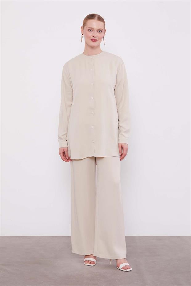 Taş - Siyah Dantel Detaylı Üçlü Tunik Takım