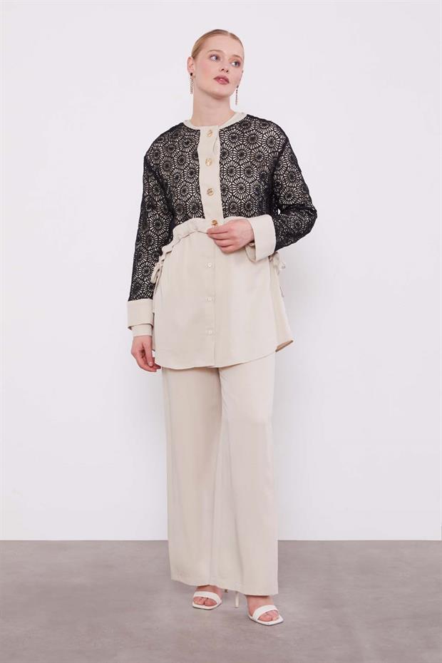 Taş - Siyah Dantel Detaylı Üçlü Tunik Takım