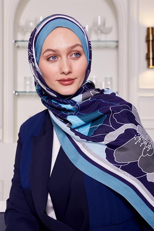Turkuaz Çiçek Desen Royal Şal