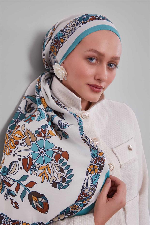 Turkuaz Çiçek Yaprak Desen Aura Eşarp