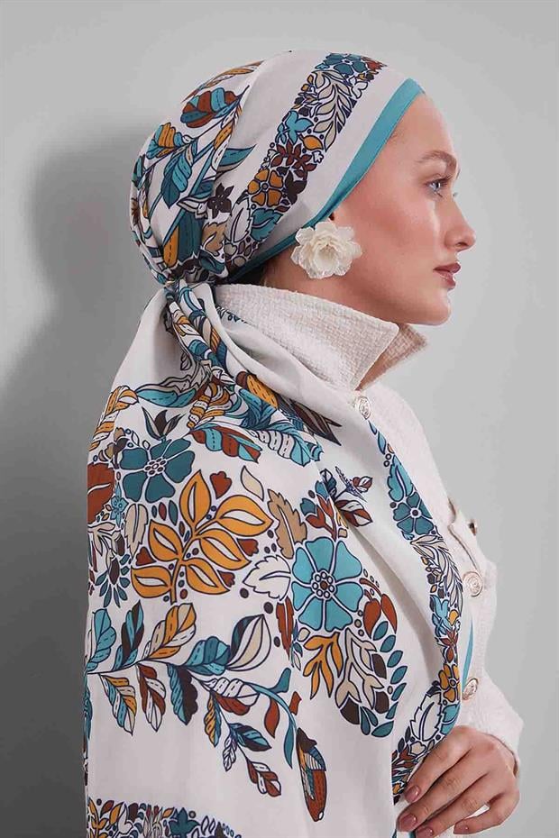 Turkuaz Çiçek Yaprak Desen Aura Eşarp