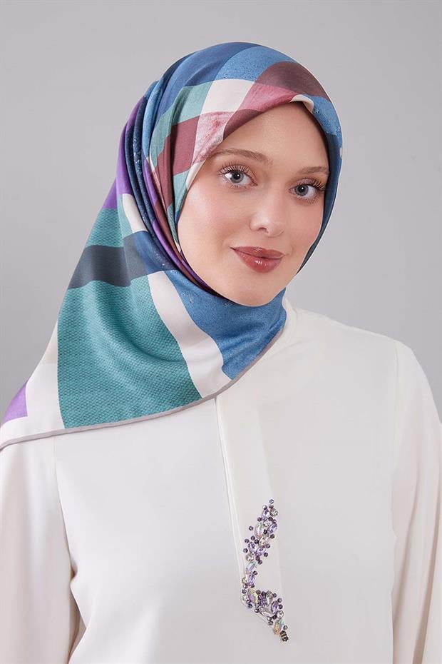 Turkuaz Ekose Desen Trend Twill Eşarp