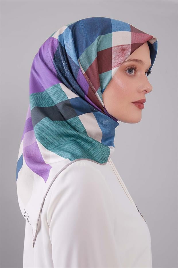 Turkuaz Ekose Desen Trend Twill Eşarp