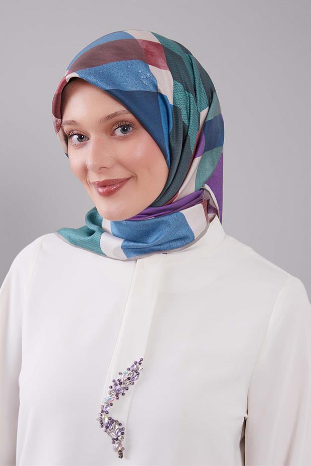 Turkuaz Ekose Desen Trend Twill Eşarp