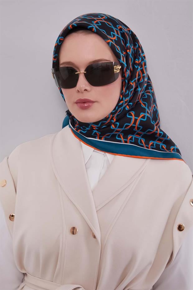 Turkuaz Eliptik Desen Twill İpek Eşarp