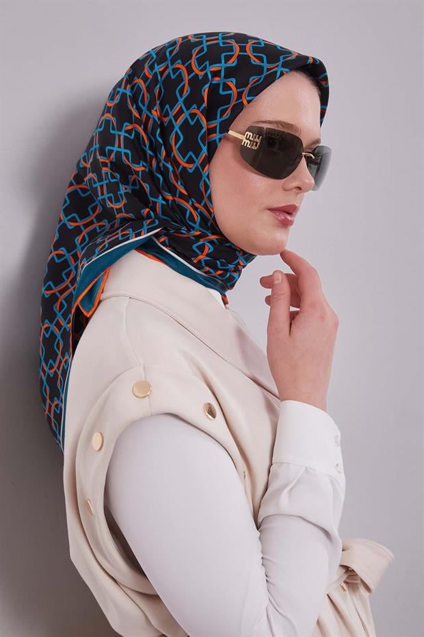 Turkuaz Eliptik Desen Twill İpek Eşarp