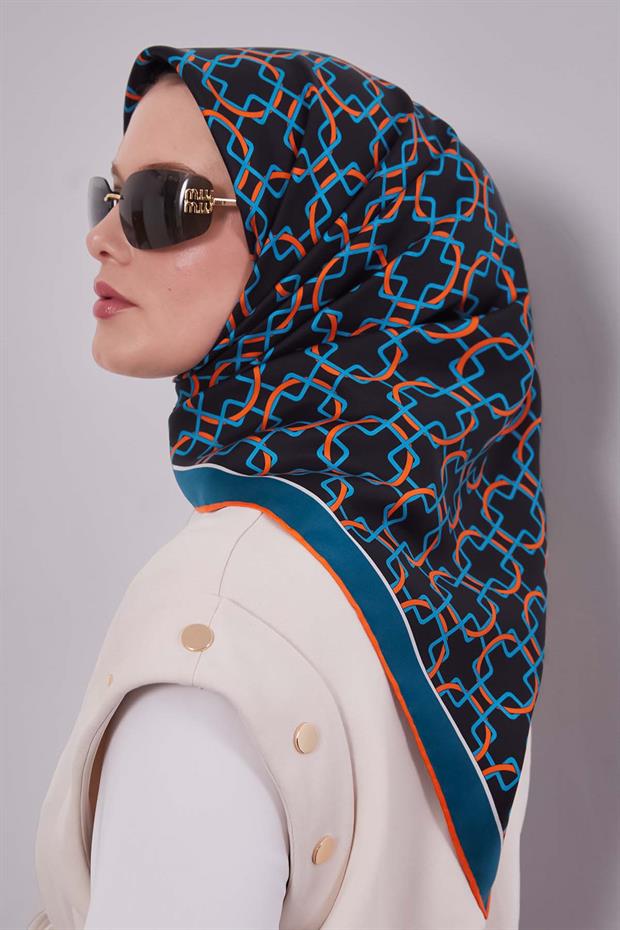 Turkuaz Eliptik Desen Twill İpek Eşarp