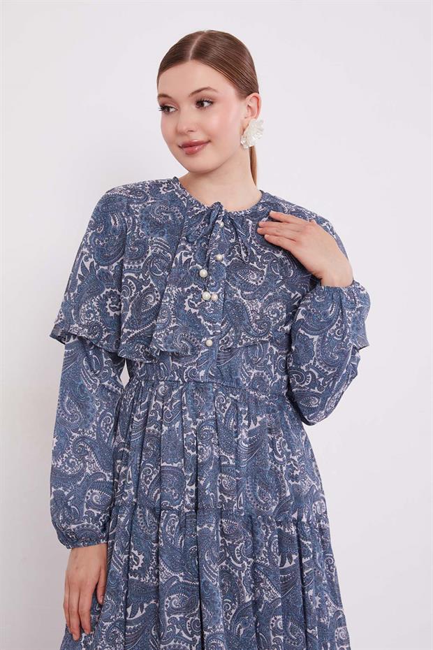 Turkuaz Etnik Desenli Şifon Elbise