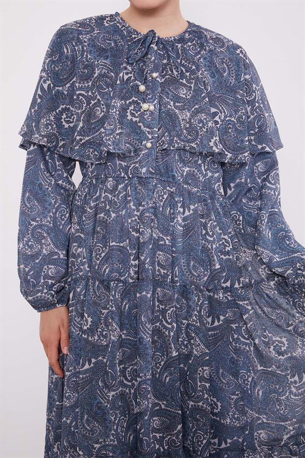 Turkuaz Etnik Desenli Şifon Elbise