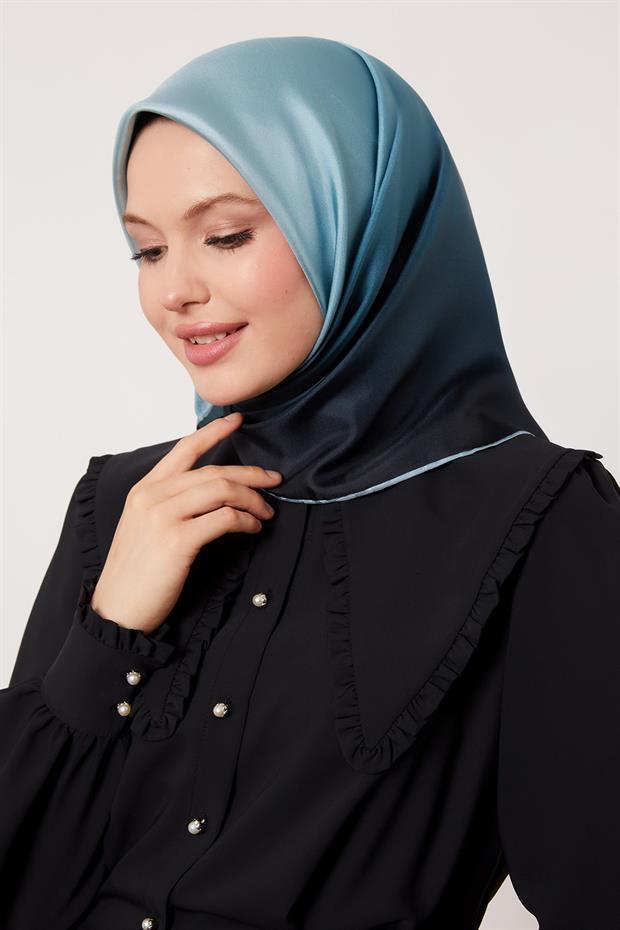 Turkuaz Geçişli Twill İpek Eşarp