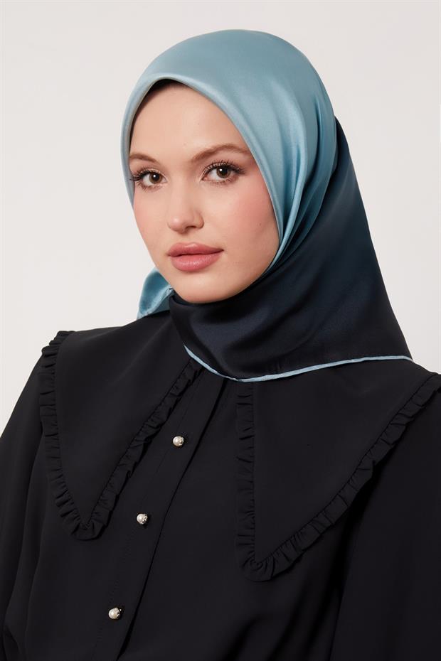 Turkuaz Geçişli Twill İpek Eşarp