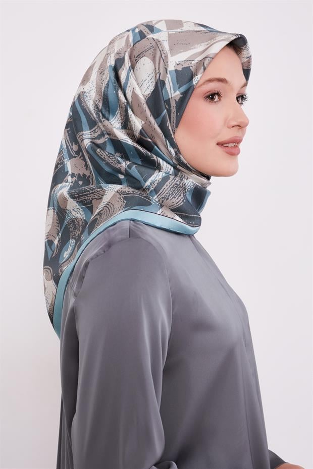 Turkuaz Harf Baskılı Twill İpek Eşarp