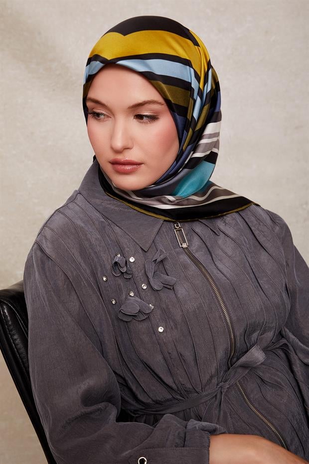 Turkuaz Kare Desen Twill İpek Eşarp