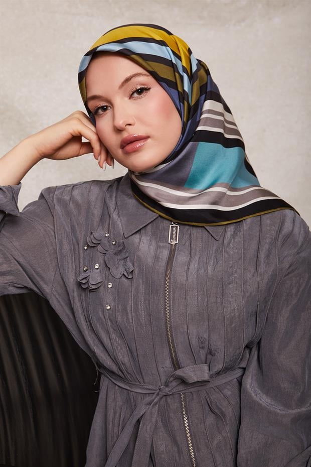 Turkuaz Kare Desen Twill İpek Eşarp