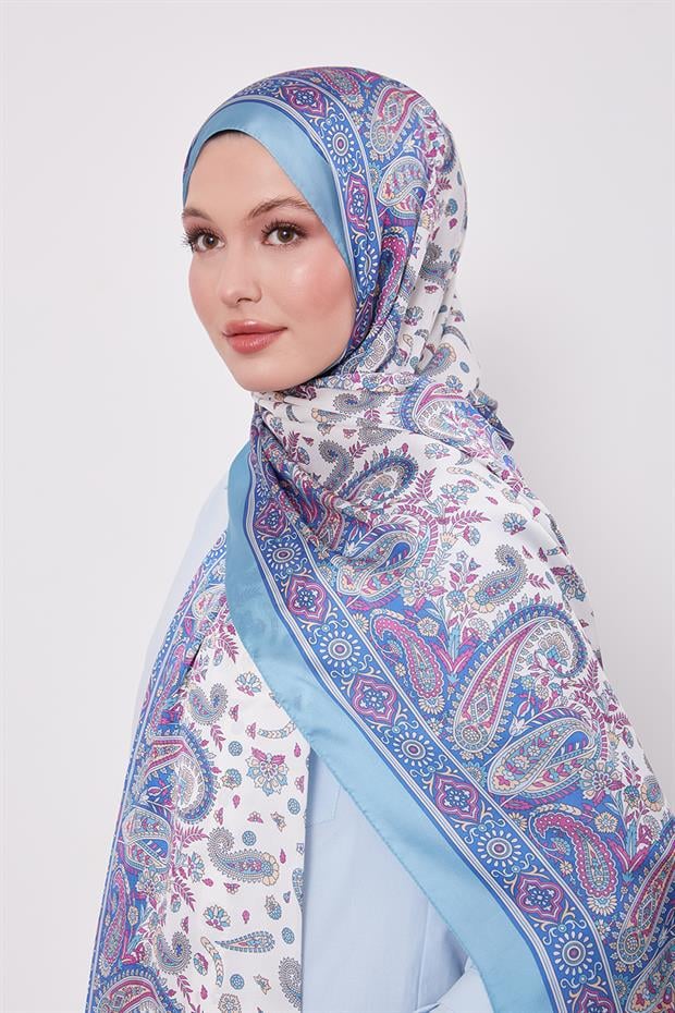 Turkuaz Karma Çiçek Hint İpeği Şal