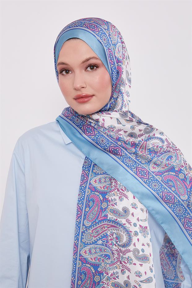 Turkuaz Karma Çiçek Hint İpeği Şal