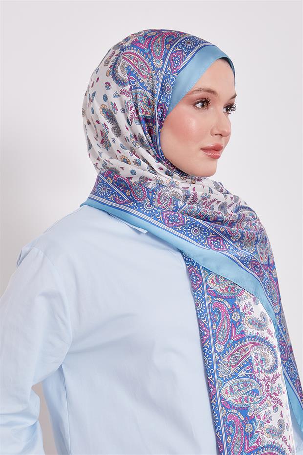 Turkuaz Karma Çiçek Hint İpeği Şal