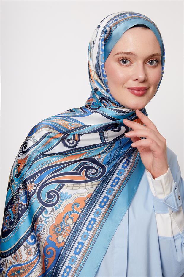 Turkuaz Kenar Desen Hint İpeği Şal