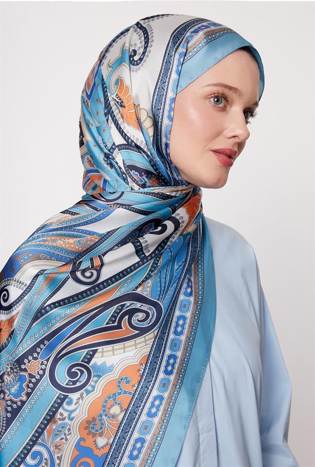 Turkuaz Kenar Desen Hint İpeği Şal