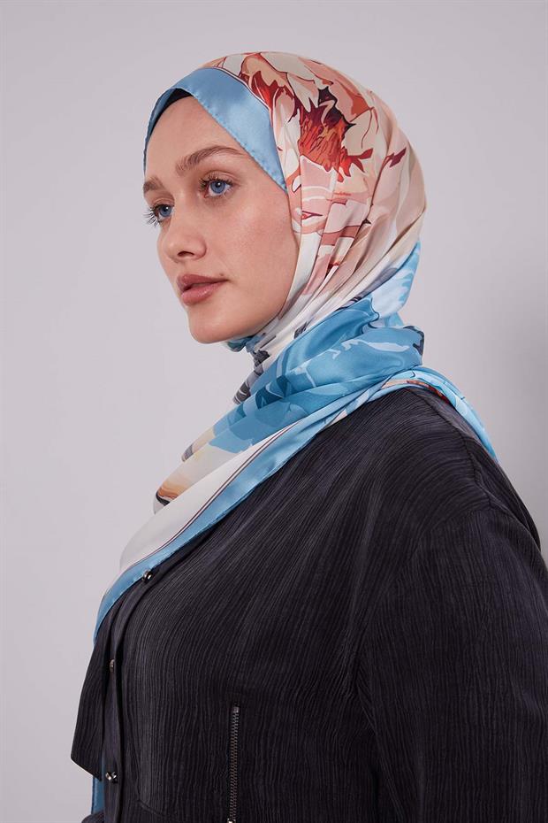 Turkuaz Lotus Desen Hint İpeği Şal