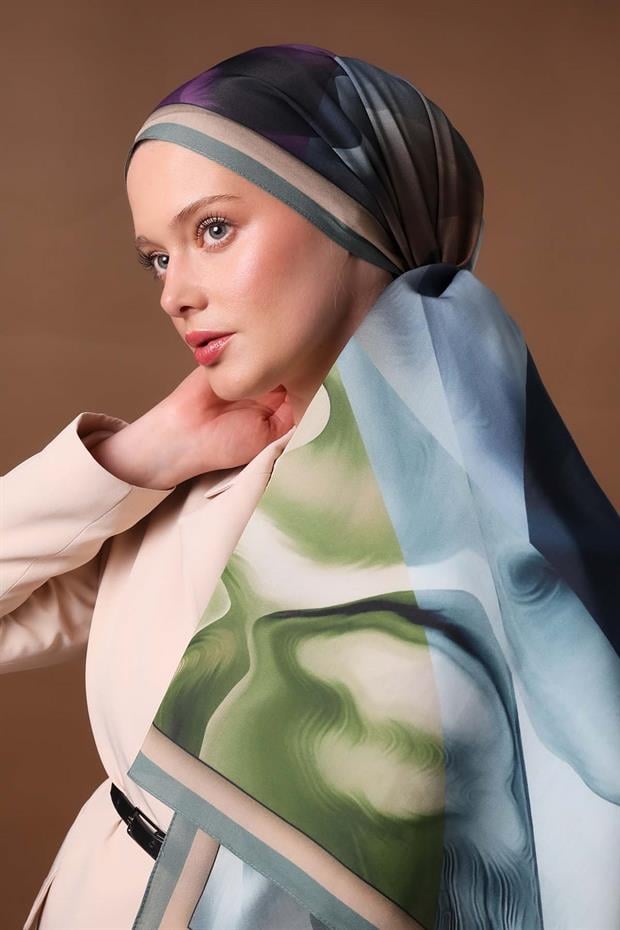 Turkuaz Parçalı Desen Aura Eşarp