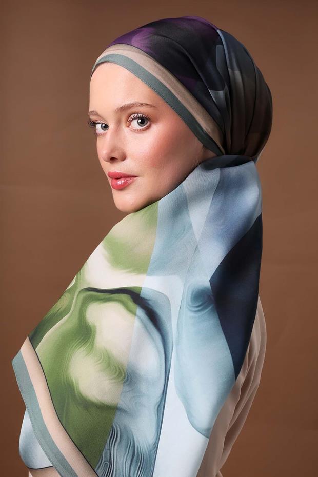 Turkuaz Parçalı Desen Aura Eşarp