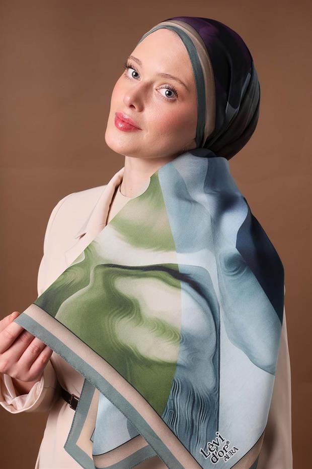 Turkuaz Parçalı Desen Aura Eşarp