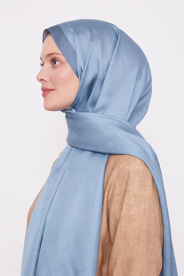 Turkuaz Petek Desen Monogram İpek Şal